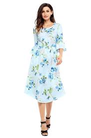 Fashion Light Blue 3 4 Bell Sleeve Floral Midi Dress In 2020 Floral Midi Dress Midi Dress With Sleeves Cheap Boho Dresses