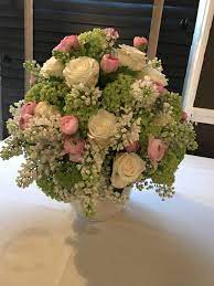 Bouquet with tropical flowers floral arrangement with beautiful strelitzia and white and pink orchids cymbidium palm,. Pink Light Green And White Flower Arrangement For Baptism Flower Arrangements White Flower Arrangements Plum Wedding