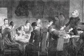 Puritans Pray At Thanksgiving Dinner by Kean Collection