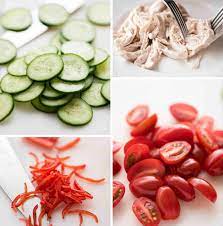 Using a meat cleaver or large heavy knife slice and then chop the chicken as shown in the pictures below. Thai Chicken Salad Recipetin Eats