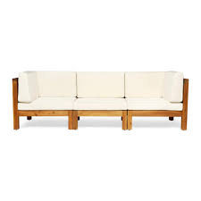 One (1) left arm chair, one (1) armless chair, one (1) right arm chair, one (1) ottoman, and one (1) table; Amazon Com Great Deal Furniture Dawson Outdoor Sectional Sofa Set 3 Seater Acacia Wood Outdoor Cushions Teak And Beige Garden Outdoor