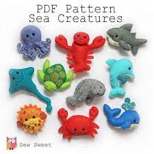 sea creatures felt softies pdf pattern sew sweet instant download crab dolphin fish wool felt s softies sanatsal oyuncak bebekler doldurulmus oyuncaklar