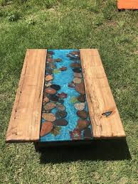 Live Edge River Table With Shelf Underneath With Stones And Etsy Diy Resin Table Epoxy Wood Table Epoxy Table Top
