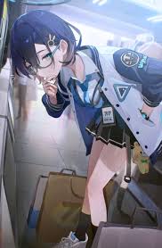 flatshi, chihiro (blue archive), blue archive, white footwear, highres,  2girls, bag, bent over, black pantyhose, black skirt, black socks,  blue-framed eyewear, blue hair, blue necktie, blue sleeves, blue vest,  glasses, grey eyes, hair between eyes, hair ornament ...