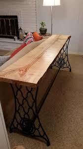 I Made A Table Out Of A Wood Slab And An Old Sewing Machine Base Sewing Machine Tables Sewing Table Old Sewing Machines