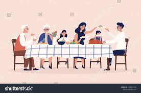 Happy People Sitting At Table Eating Holiday Meals Drinking Wine And Talking To Each Other Family Christmas Family Illustration Cartoon Styles Happy People