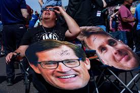 Spectators watch the total solar eclipse at Indianapolis Motor Speedway