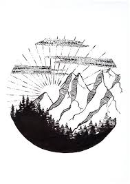 Paysage En Noir Et Blanc Montagne Et Sapins Dessin A L Encre Oeuvre Originale Et Unique Landscape Drawings Circle Drawing Line Art Drawings