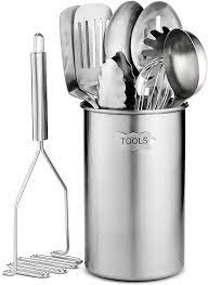 Moreover, this set comes with a fish spatula, slotted spoon, spoon, slotted turner, soup ladle, egg turner, and brush. Buy Stainless Steel Kitchen Utensil Set 10 Piece Premium Nonstick Heat Resistant Kitchen Gadgets Turner Spaghetti Server Ladle Serving Spoons Whisk Tongs Potato Masher And Utensil Holder Online In Hong Kong B07wzx4k48