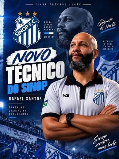 NOVO COMANDANTE! O Sinop anunciou Rafael Santos, de 39 anos, como novo t&eacute;cnico para a disputa do Campeonato Mato-grossense de 2027. O clube do Norte de Mato Grosso volta &agrave; primeira divis&atilde;o