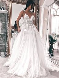 Elegant A Line V Neck Spaghetti Straps White Tulle Beading Wedding Dress With Applique Wd0706002 White Tulle Wedding Dress Wedding Dresses Long Wedding Dresses