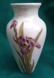 Vintage German Porcelain Vase Schutz Marke Sunrise Hallmark Art Nouveau Heubach German Porcelain Iris Design Gold Iridescent Pearl Finish Art Nouveau Purple Iris Vintage Ceramic