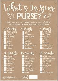 Amazon Com 25 Kraft Rustic What S In Your Purse Baby Shower Game Funny Ideas Coed Couples Game For Baby Party Fun Woodland Themed Bundle Pack Of Cards To Play At Boy Or Girl