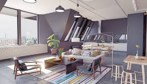 Modernes Penthouse Mit Offenem Wohnzimmer Und Kuche In Grau In 2020 Wohnen Dachzimmer Einrichten Modernes Wohnen