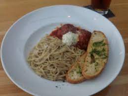 Spaghetti with chicken meatballs is easy to make and taste absolutely delicious. Spaghettini With Kobe Style Meatballs Good By Small Garlic Bread Picture Of Cactus Club Cafe Coal Harbour Vancouver Tripadvisor