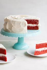 Red velvet cake with blue icing.the original red velvet cake only had a slight red color to it which came from pureed beets. Red Velvet Cake Style Sweet