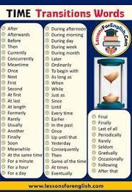 English Time Transitions Words List After Afterwards Before Then Currently Concurrently Meantime Once Next Transition Words List Of Transition Words Word List