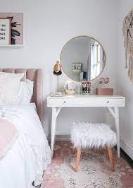 Styling A Vanity In A Small Space Small Space Vanity As A Nightstand Blush And White Vanity Blush And Small Bedroom Vanity Home Decor Room Inspiration