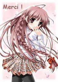 une fille manga avec les cheveux marron qui dit merci