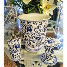 Check spelling or type a new query. 3 Piece Ceramic Chinoiserie Blue And White Bathroom Accessories Waste Basket Toothbrush Holder Soap Chairish
