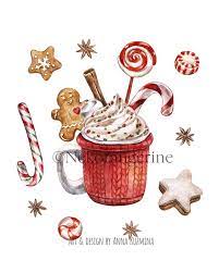 Christmas Hot Cocoa Mug Chocolate Png Watercolor Red Cup Etsy Hot Chocolate Card Watercolor Red Holiday Illustrations