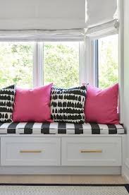 Black And White Bench Seat Cushion Lovely Contemporary Girl S Bedroom Is Fitted With A White Storage Window Seat Accented With Gold Pulls And A Black And White Hot Pink Bedrooms Bedroom Seating Window Seat Storage