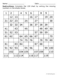 120 Chart Missing Random Numbers Grade 1 Free