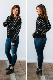 Black And White Polka Dot Top Outfit Get Our New Black Polka Dot Sweater This Long Sleeve Sweater Scalloped Hem Adorable Print And Is Su Polka Dot Sweater Polka Dots Outfit Polka Dot Top Outfit