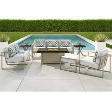 The geometric lines of the outdoor furniture echo the vertical louvers on the exterior wall, which. Castelle Park Place Outdoor Furniture Set With Fire Table Cs Parkplace Set3