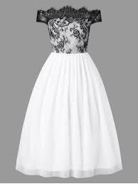 Black And White Semi Formal Dress Lace Panel Ankle Length Formal Dress Evening Gown Dresses Off Shoulder Evening Gown Cheap Lace Dress
