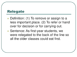 Synonyms for relegation include expulsion, banishment, expatriation, exile, deportation, displacement, demotion, downgrade, being demoted and sending down. Telegate Meaning