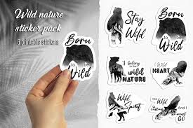 This cute sticker printable features an array of beautiful washi tape stickers with a pale pink background and violet dots. Black And White Stickers Wild Nature Printable Sticker Pack 1680200 Stickers Design Bundles