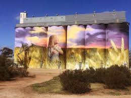 The Afternoon Sun Strikes The Eye Catching Artwork Of Cam Scale On The Grain Silos Outside Kimba I Ll Be Meeting With Comm Wall Street Art Street Art Barn Art