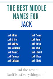 John, jacob, jason, jonathan, jan, johann, johannes, joachim, from its french form jacques, from the latin jacobus.it is also used to a lesser extent as a female given name, often as a shortened version of jacqueline or. The 47 Best Middle Names For Jack Dad Fixes Everything Cool Middle Names Boy Middle Names Middle Name