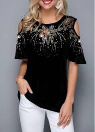 Round Neck Cold Shoulder Flower Print T Shirt Modlily Com Usd 27 32 Trendy Tops For Women Trendy Tops Fancy Tops