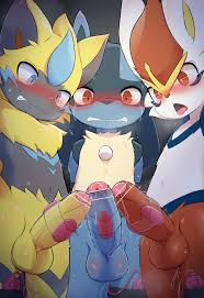 yousan (pixiv540898), cinderace, lucario, zeraora, creatures (company),  game freak, nintendo, pokemon, multiple penises, absurdres, highres, 3boys,  anal, anal object insertion, ass juice, bar censor, blue eyes, blush,  censored, child on child, clenched