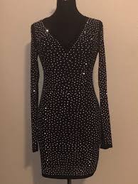 Long Sleeve Rhinestone Dress Black Or Nude Etsy Denmark