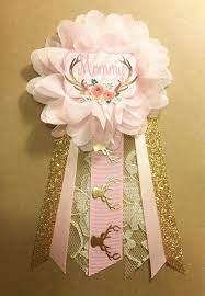 This Pin Measures Approx 6 5 Inches From Top Of Flower To Bottom Of Ribbons If You Would Like Someth Floral Baby Shower Baby Shower Corsage Rustic Baby Shower