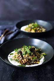 Grilled Eggplant Salad With Freekeh And Yogurt Dressing Grilled Eggplant Whole Food Recipes Eggplant Salad