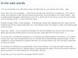 Studies have shown the most attractive ratio for a dating profile is 70% about you, 30% about her. 3 Examples Of Witty Profiles For Dating Sites