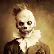 This vintage clown-skeleton hybrid looms with a handmade mask, its ruffled  collar hiding a terror far beyond today's costumes. The black and white  film weaves a nightmarish veil, as if it's a