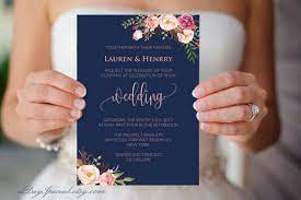 Navy Wedding Invitation Template Pink Coral Boho Chic Floral Etsy Navy Wedding Invitations Wedding Invitation Templates Wedding Invitations