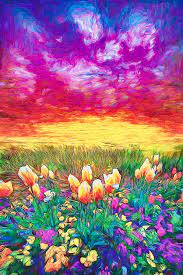 This design can work on any size or any surface! Sunset On Flower Field Painting By Nenad Vasic