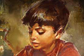 Original Robert Van Cleef Oil Painting French artist (1914- ) Boy Reading  Book