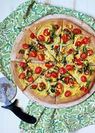 Vegan Summer Pizza With Sweet Corn Tomatoes Basil Recipe Vegan Pizza Food Vegan Recipes