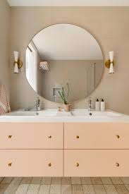 Pretty Pink Bathroom Using Semihandmade Fronts On Ikea Cabinets Round Mirror Bathroom Pink Bathroom Ikea Cabinets