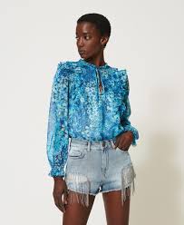 Painting using one stroke technique. Floral Creponne Blouse Woman Light Blue Twinset Milano