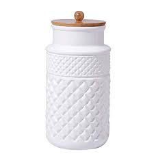 Stenciled label sugar on a molded banner in front. Ceramic Food Storage Jar With Airtight Seal Wooden Lid Modern Design White Ceramic Kitchen Canister For Serving Tea Coffee Spice Sugar Salt And More Buy Online In Gambia At Gambia Desertcart Com Productid
