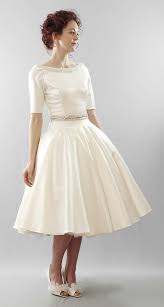 Boatneck 3 4 Sleeves A Line Below The Knee Belted Waist And Classic Pumps Short Wedding Dress Wedding Dresses Taffeta Tea Length Wedding Dress