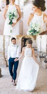 Simple Jewel Sleeveless Floor Length Chiffon Lace Top Wedding Dress With Bow Lace Top Wedding Dress Lace Top Wedding Beach Wedding Dress Boho
